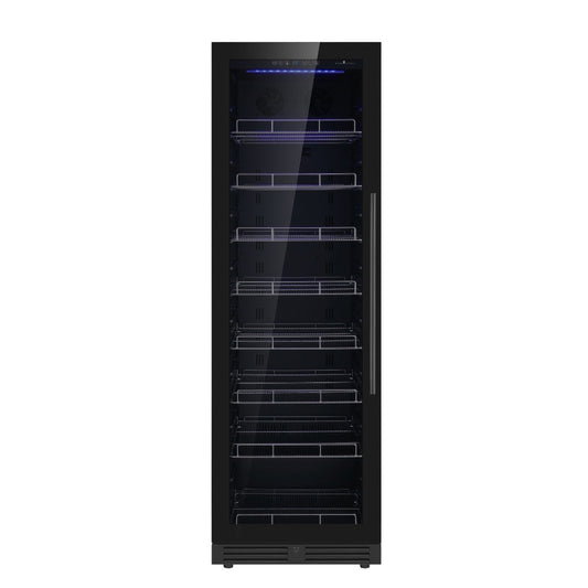 A black refrigerator with adjustable shelves, borderless black glass door, and stainless steel trim. Holds 630 cans. Energy-efficient and whisper-quiet.