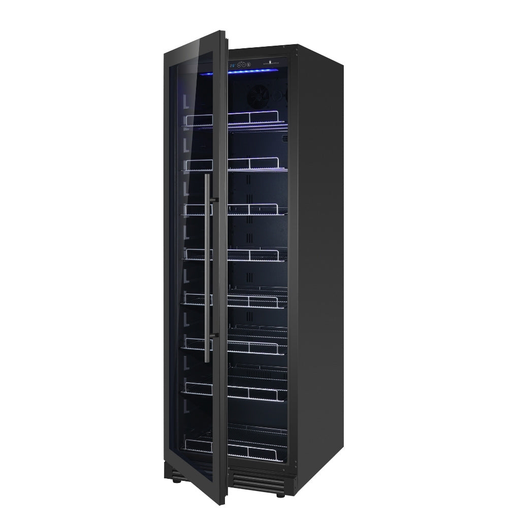 A black refrigerator with glass doors, adjustable shelves, and a sleek stainless steel trim. Energy-efficient with low-E glass and inverter compressor.