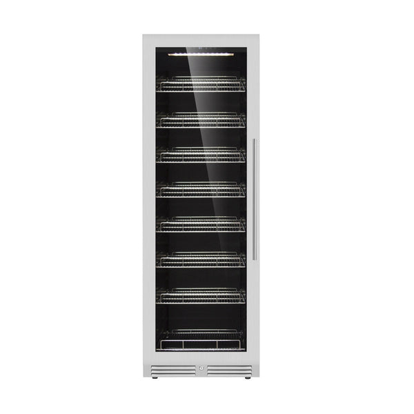 A white upright wine fridge refrigerator with 15 beech wooden shelves, capable of holding 160 bottles. Dual zone temperature control and low-E glass for energy efficiency.