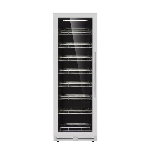 A white Kings Bottle large beverage refrigerator with adjustable shelves and a low-E glass door.