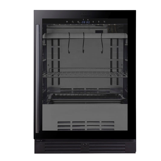 A black refrigerator with glass door, shelf, and hooks, perfect for storing and drying aged meat. Kings Bottle 24" Single Zone Steak Ager Refrigerator Glass Door.