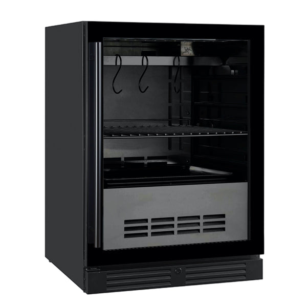 A black refrigerator with a glass door, shelf, vent, metal rack, and device, perfect for storing and drying aged meat.