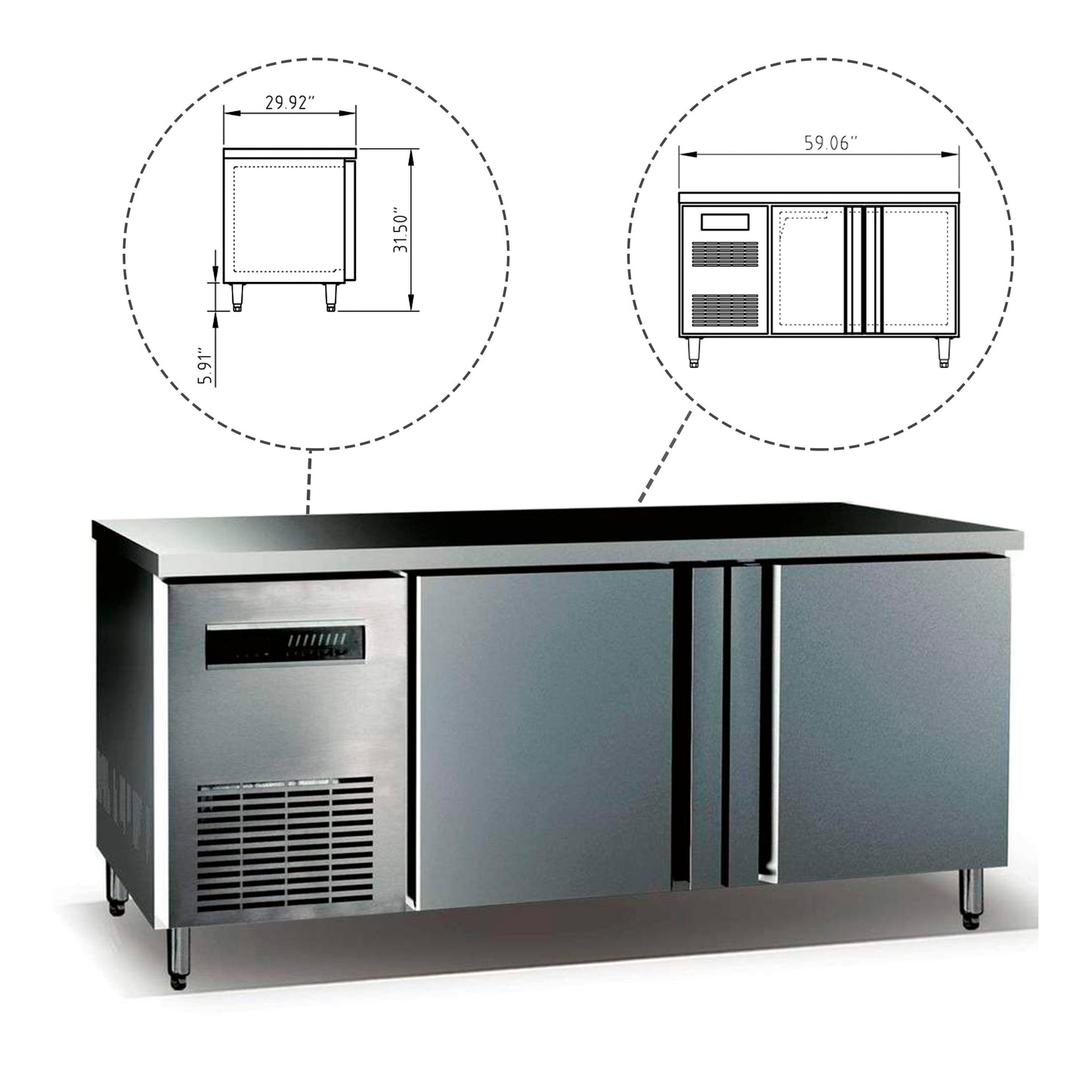 A stainless steel commercial kitchen appliance with adjustable shelves and ample capacity for storing bottles and cans.