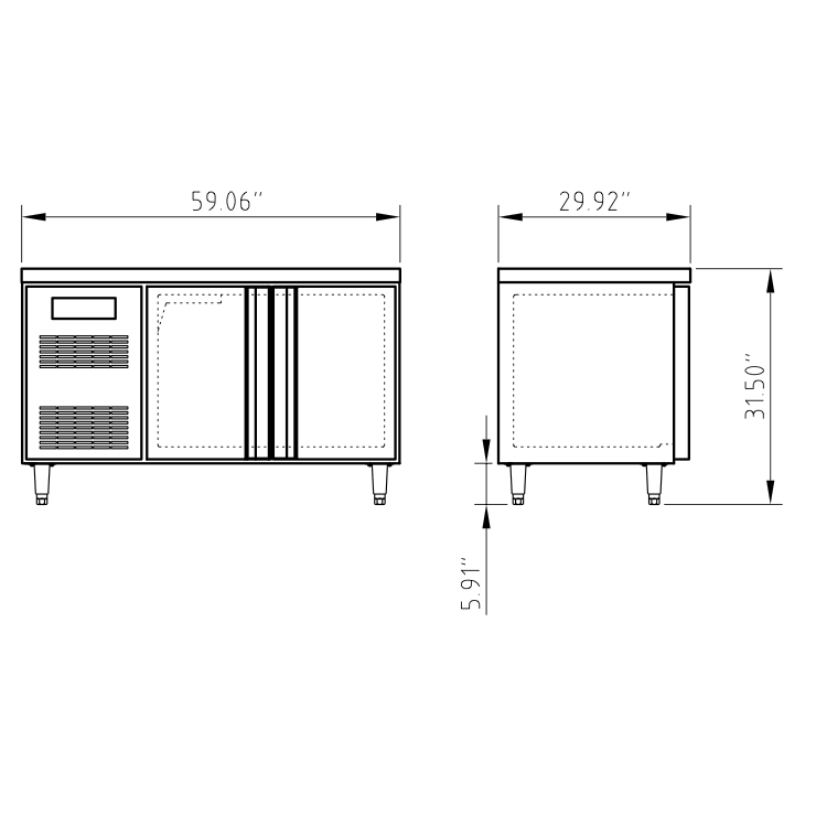A drawing of a 59" Two Stainless Steel Door Back Bar Cooler with adjustable shelves and ample capacity for bottles and cans.