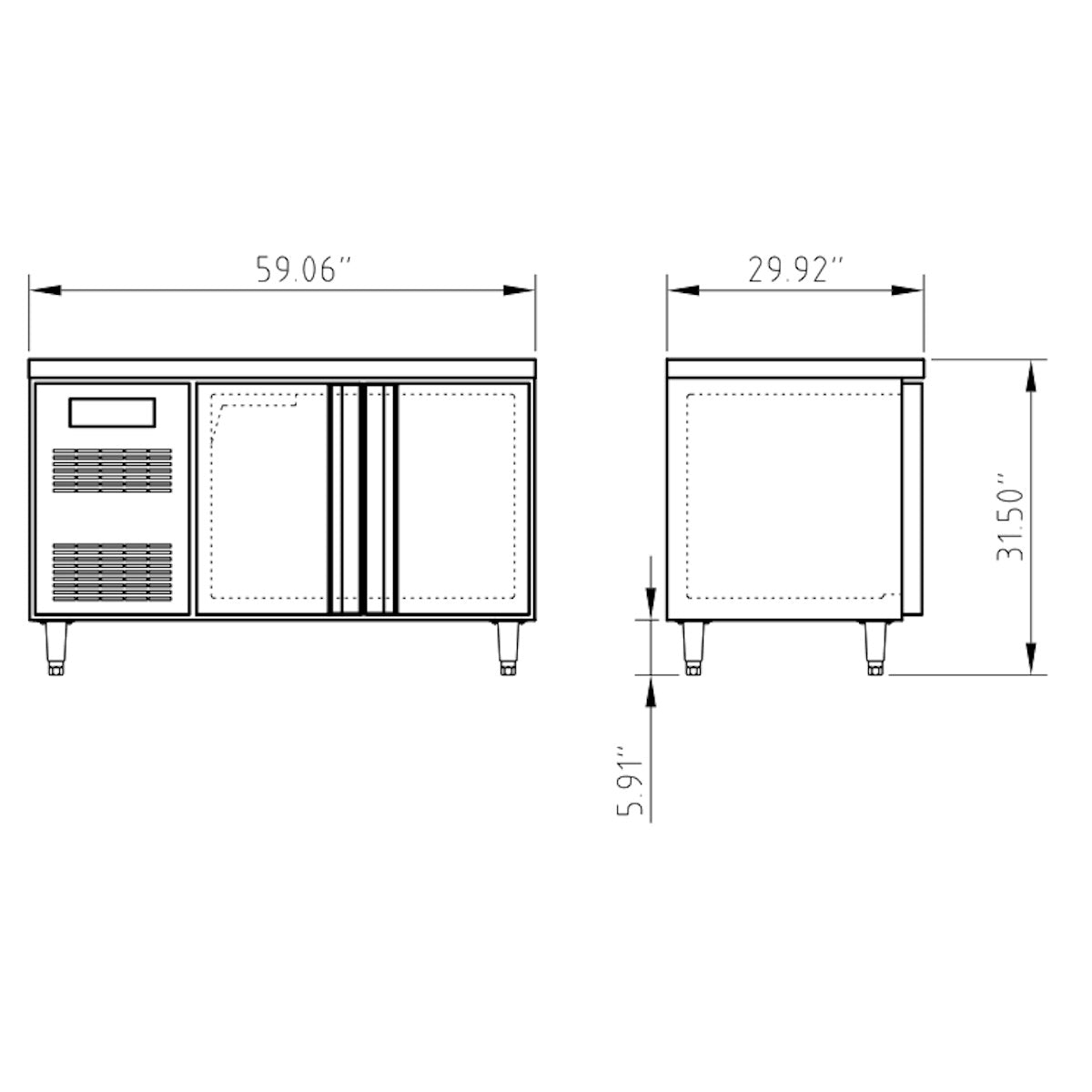 A diagram of a Kings Bottle 59" Two Stainless Steel Door Back Bar Cooler, showing adjustable shelves and ample capacity for bottles and cans.