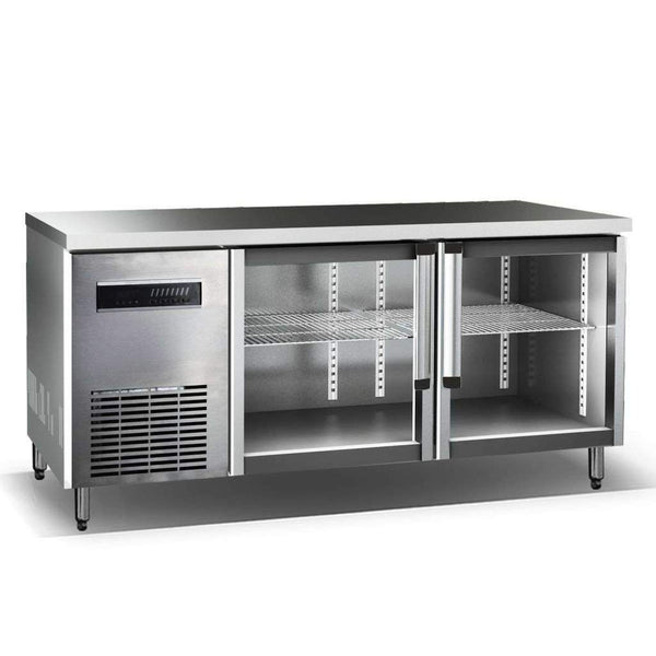 A stainless steel double glass back bar cooler with adjustable shelves, ideal for chilling beverages in bars or restaurants.