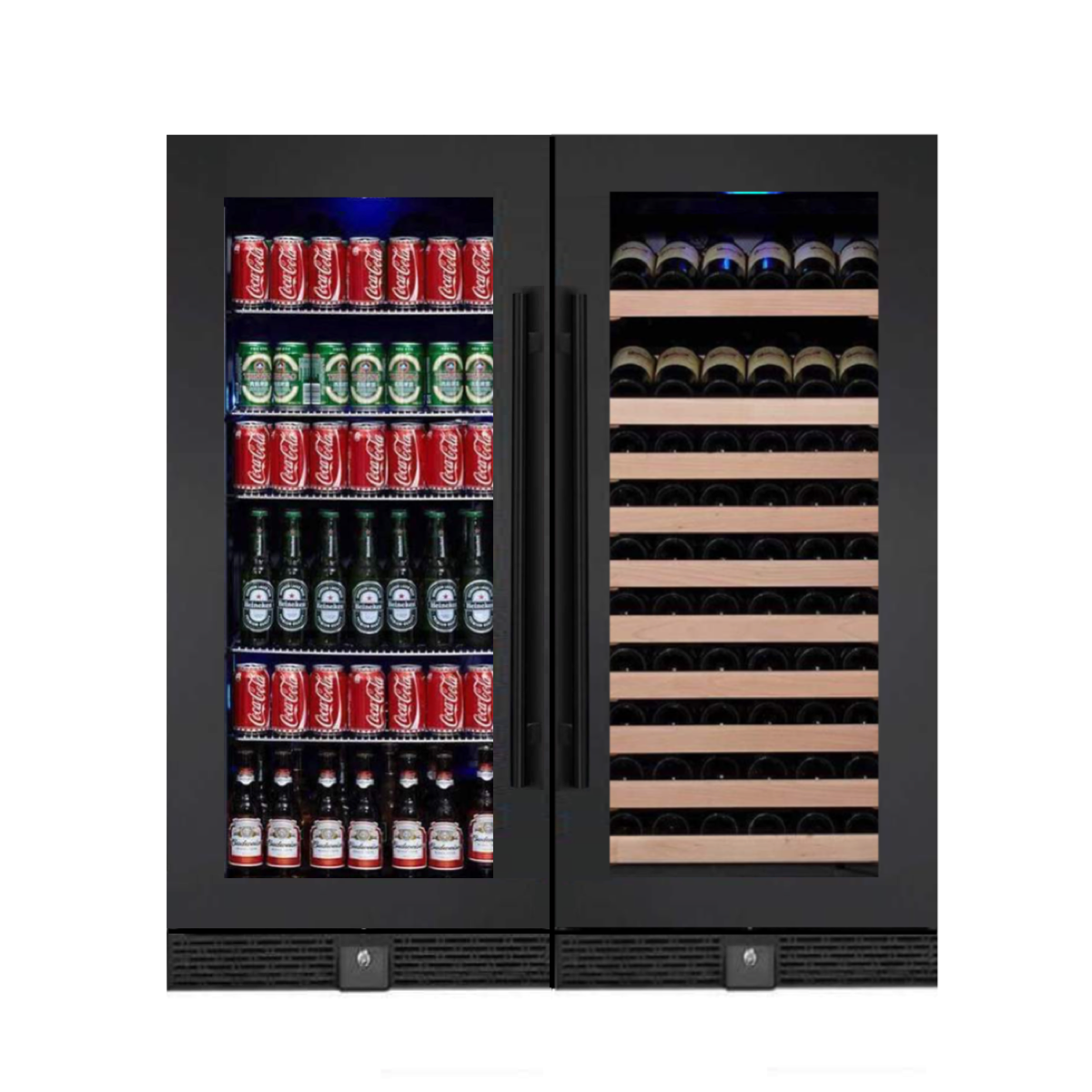 A black refrigerator filled with beer bottles and soda cans, along with a wine rack and shelves of more bottles and cans.