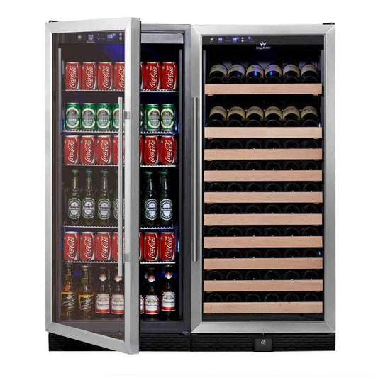A refrigerator filled with beer bottles and cans, along with a wine rack holding wine bottles.
