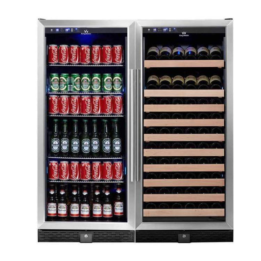 A Kings Bottle 56" wine and beverage cooler combo with beer bottles and soda cans.