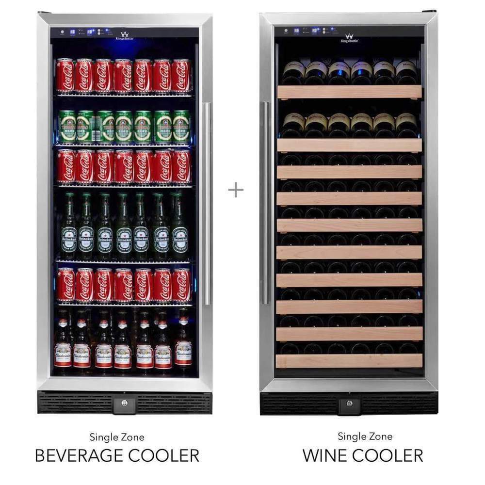 A 56" wine and beverage cooler combo with beer bottles and a beverage cooler.