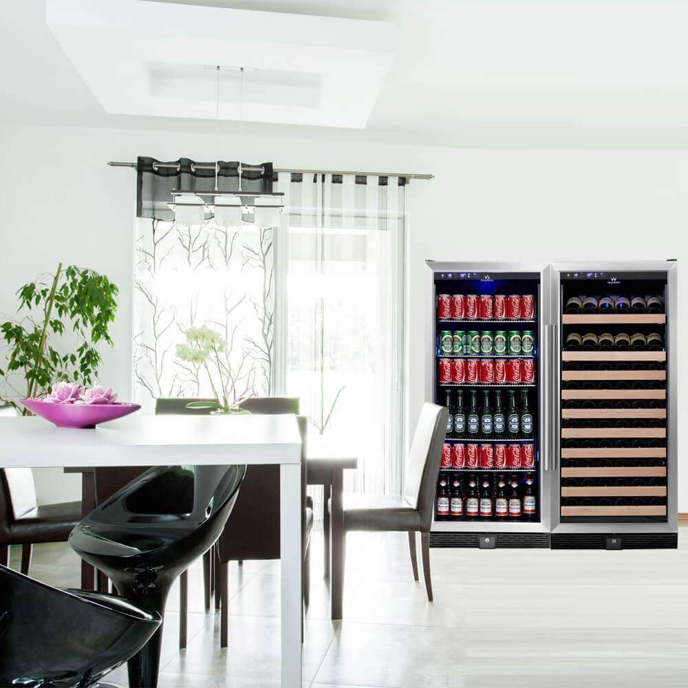 A 56" wine and beverage cooler combo with a refrigerator filled with drinks.