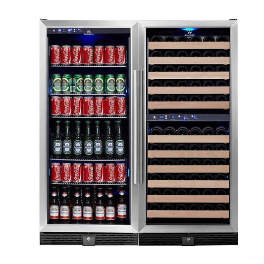 A Kings Bottle 56" Upright Wine & Beverage Fridge Center Cabinet Freestanding, with a refrigerator full of beer bottles and cans.