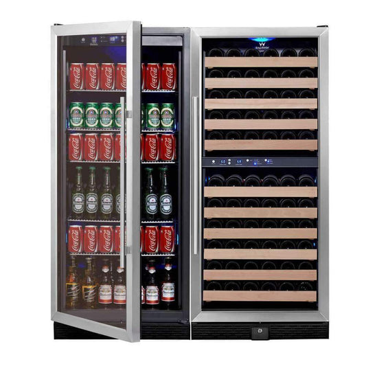 A Kings Bottle 56" Upright Wine & Beverage Fridge Center Cabinet Freestanding with beer bottles and cans.