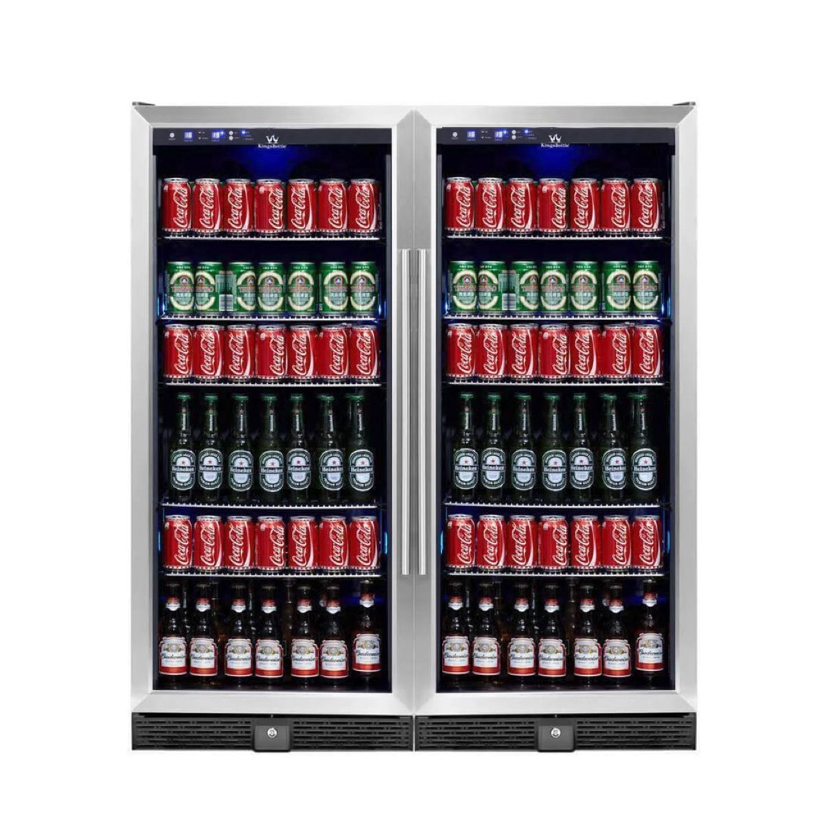 A Kings Bottle 56" Tall Single Zone Beverage Fridge Center with a glass door filled with beer bottles and cans.