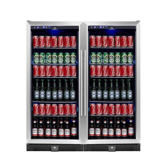 A Kings Bottle 56" Tall Single Zone Beverage Fridge Center with a glass door filled with beer bottles and cans.