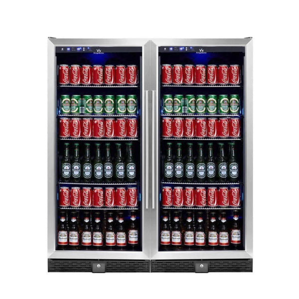 A Kings Bottle 56 Tall Single Zone Beverage Fridge Center with a glass door filled with beer bottles and cans.