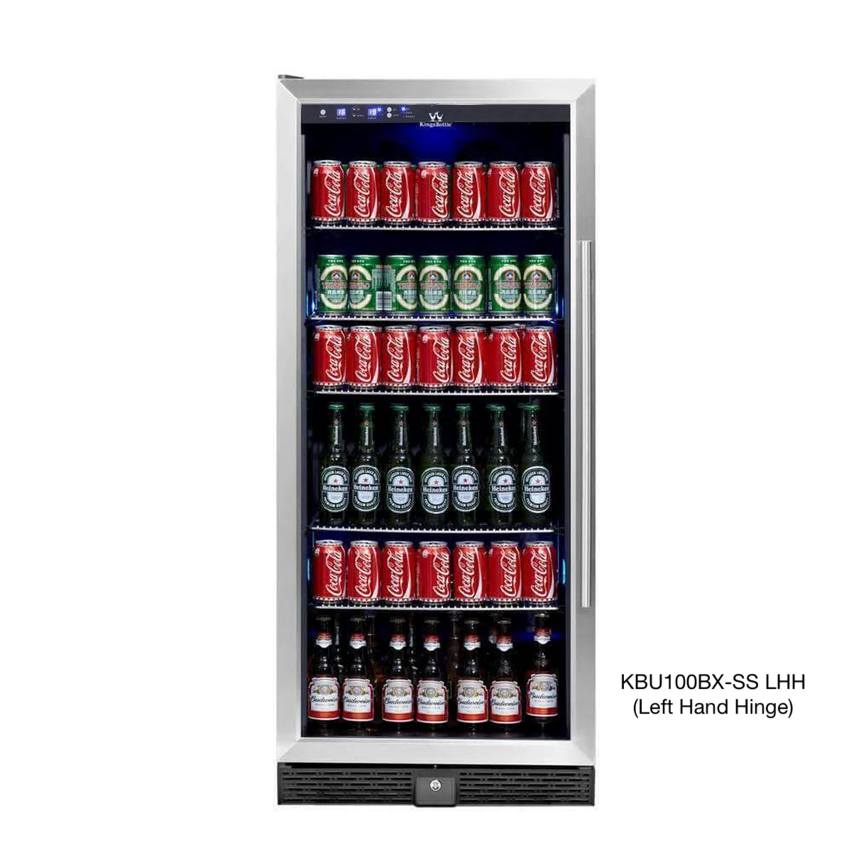 A Kings Bottle 56" Tall Single Zone Beverage Fridge Center with a glass door filled with 484 cans and bottles.