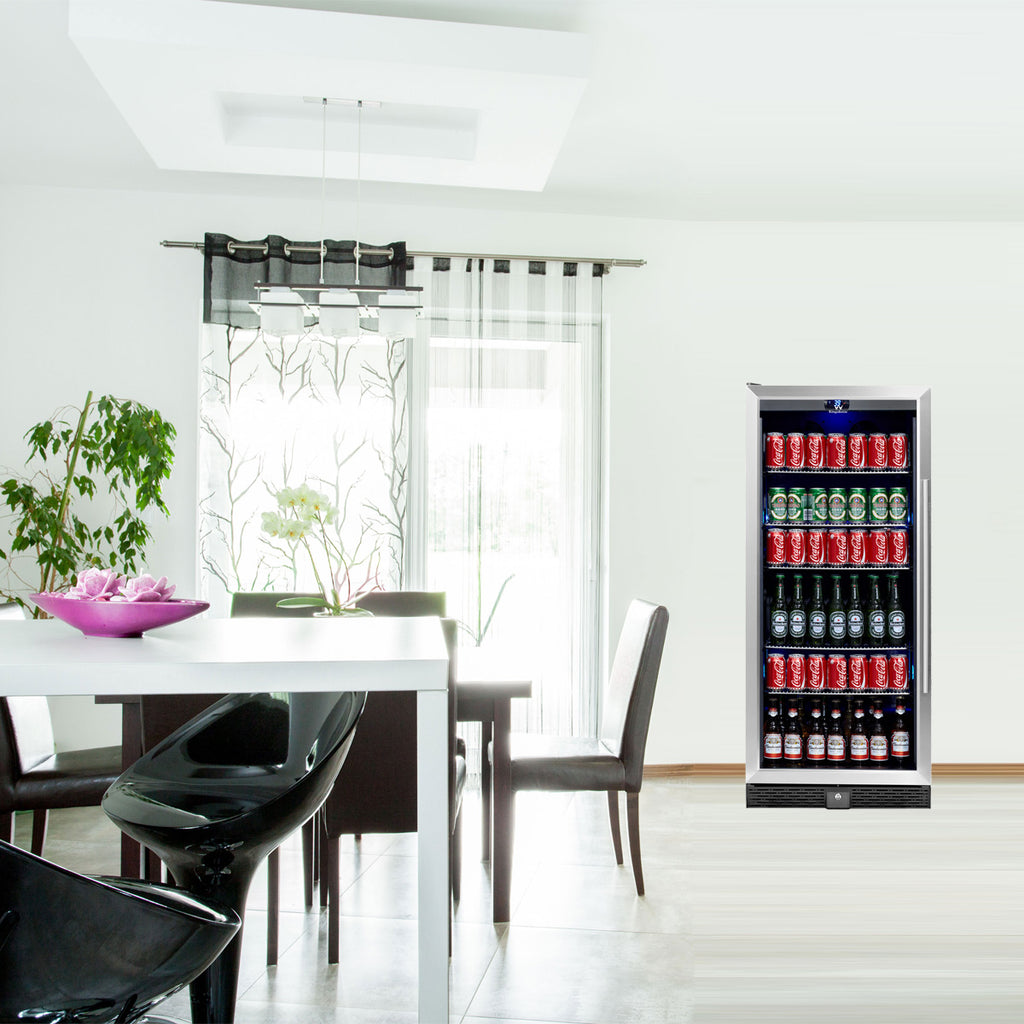 A built-in drink fridge with glass door, stainless steel trim, and chromed steel shelves, holding 484 cans or 224 bottles.