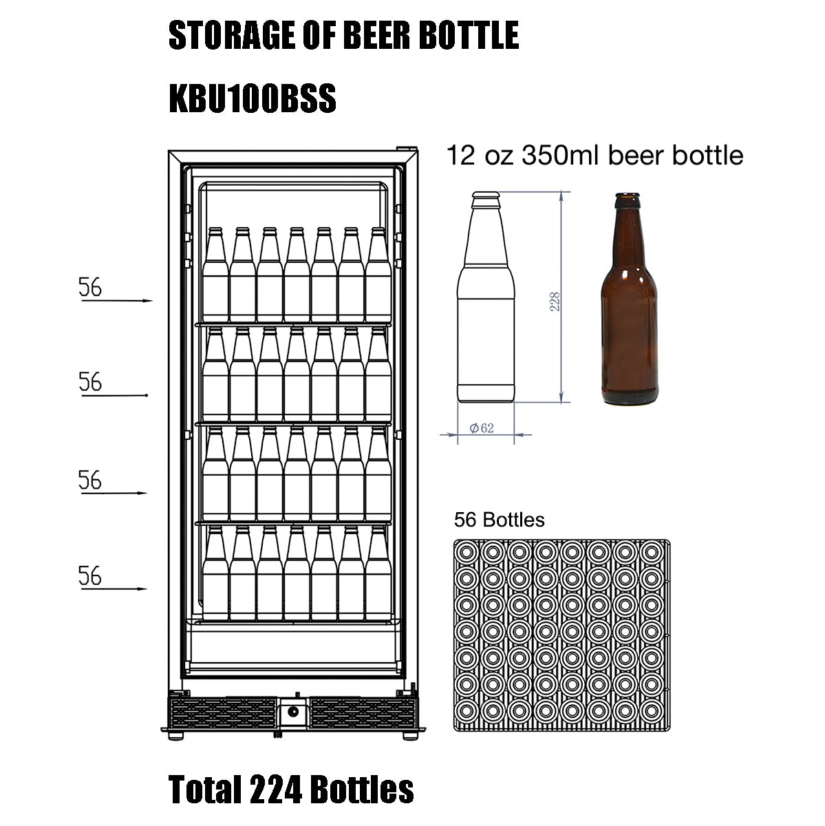 A diagram of a beer bottle and a brown bottle with a white cap inside a Kings Bottle 56" Tall Single Zone Beverage Fridge Center.