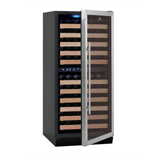 A Kings Bottle 100 bottle wine fridge refrigerator with two temperature zones, perfect for keeping red and white wines chilled.
