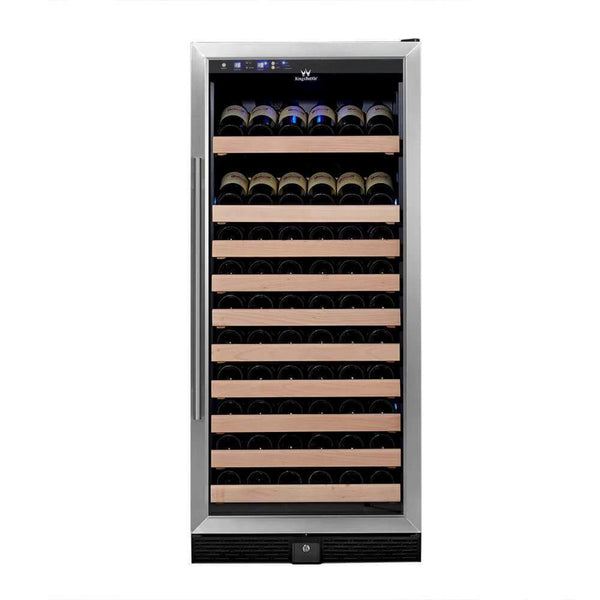 A wine cooler with 100 bottles of wine, featuring hardwood shelves, LED lighting, and a reversible tempered safety-glass door.