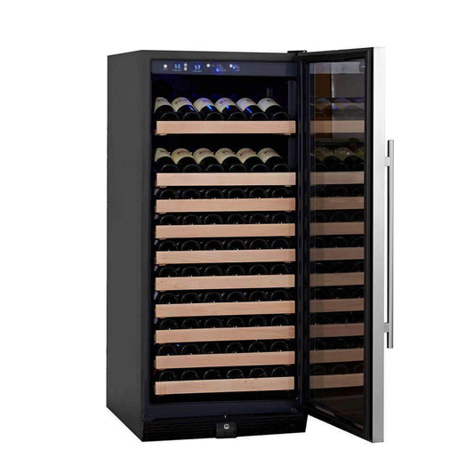 A wine fridge with an open door, showcasing 100 bottles of wine.