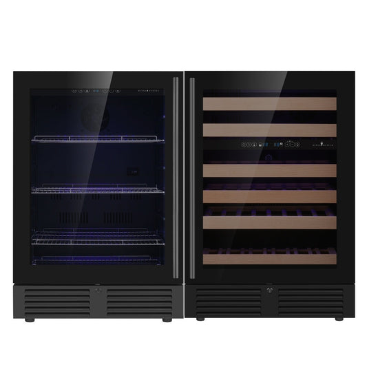 A sleek black refrigerator with glass doors, perfect for wine enthusiasts and beer lovers. Holds 46 wine bottles and 161 beer cans/bottles.