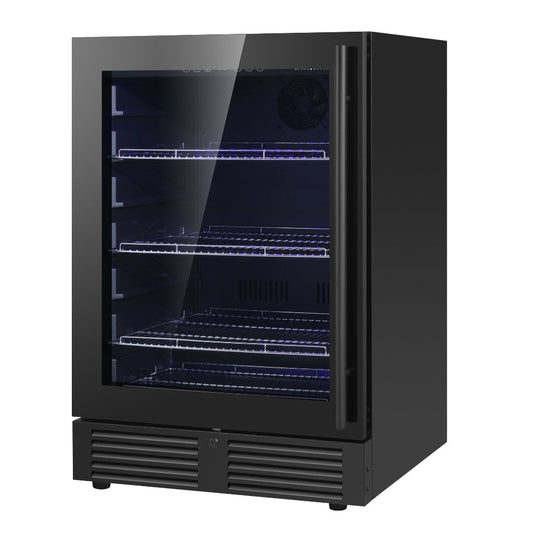 A black refrigerator with glass doors, featuring Low-E glass, inverter compressor, and 40% energy savings.