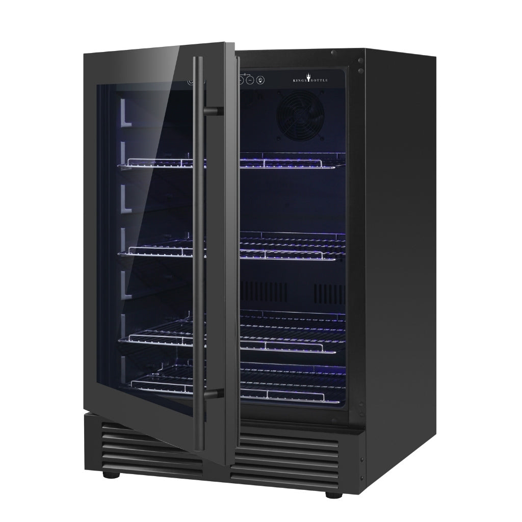 A black refrigerator with glass doors, featuring Low-E glass and 40% energy savings.