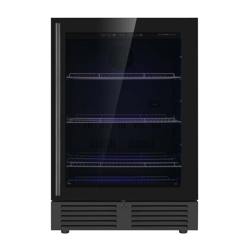 A black refrigerator with a glass door and four chromed steel shelves, ideal for under-counter storage of up to 161 cans of beer or beverages.