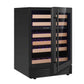A black wine cooler with glass doors, perfect for storing up to 46 bottles of wine. Features include Low-E glass, an Embraco Inverter Compressor for quiet operation and energy savings, and front-venting design. Elevate your wine storage with the Kings Bottle 24" Under Counter LOW-E Glass Door Dual Zone Wine Cooler.