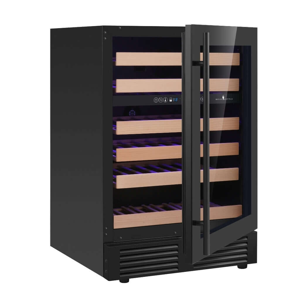 A black wine cooler with glass doors, perfect for storing up to 46 bottles of wine. Features include Low-E glass, an Embraco Inverter Compressor for quiet operation and energy savings, and front-venting design. Elevate your wine storage with the Kings Bottle 24" Under Counter LOW-E Glass Door Dual Zone Wine Cooler.