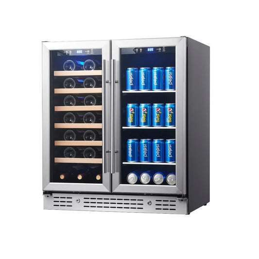 A Kings Bottle 30" Combination Beer & Wine Cooler with Low-E Glass Door, featuring a refrigerator with bottles and cans.
