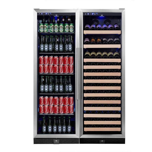 A Kings Bottle 72" Large Wine & Beverage Cooler Drinks Combo With Clear Door, featuring a refrigerator with bottles of beer and cans of soda.