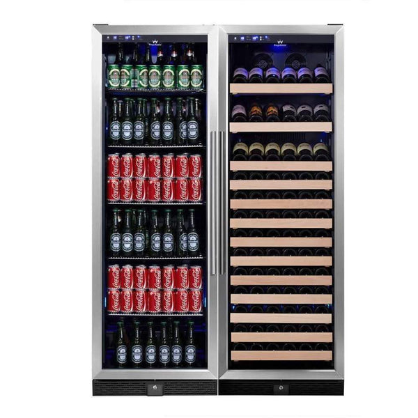 A Kings Bottle 72 Large Wine & Beverage Cooler Drinks Combo With Clear Door, featuring a refrigerator with bottles of beer and cans of soda.