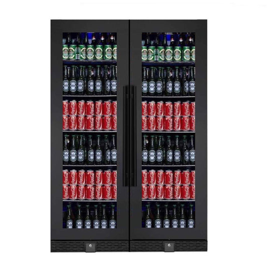 Kings Bottle 72" Large Beverage Refrigerator with Clear Glass Door: A black refrigerator filled with bottles and cans of beer.