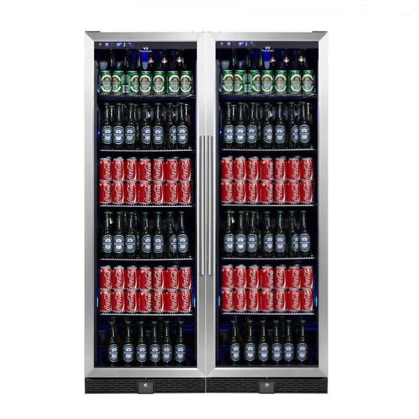A large beer fridge with a glass door filled with cans and bottles.