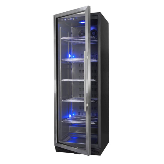 A large black refrigerator with blue lights, perfect for storing up to 625 cans. Kings Bottle 72" Large Beverage Refrigerator Glass Door with Stainless Steel Trim.