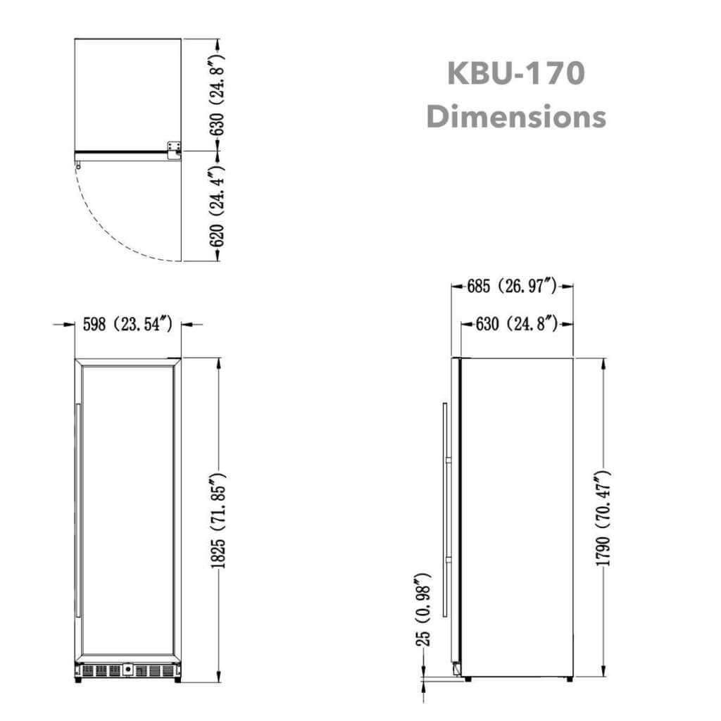 A diagram of a large beer fridge with glass door and stainless steel trim, capable of holding up to 625 cans or 336 bottles.