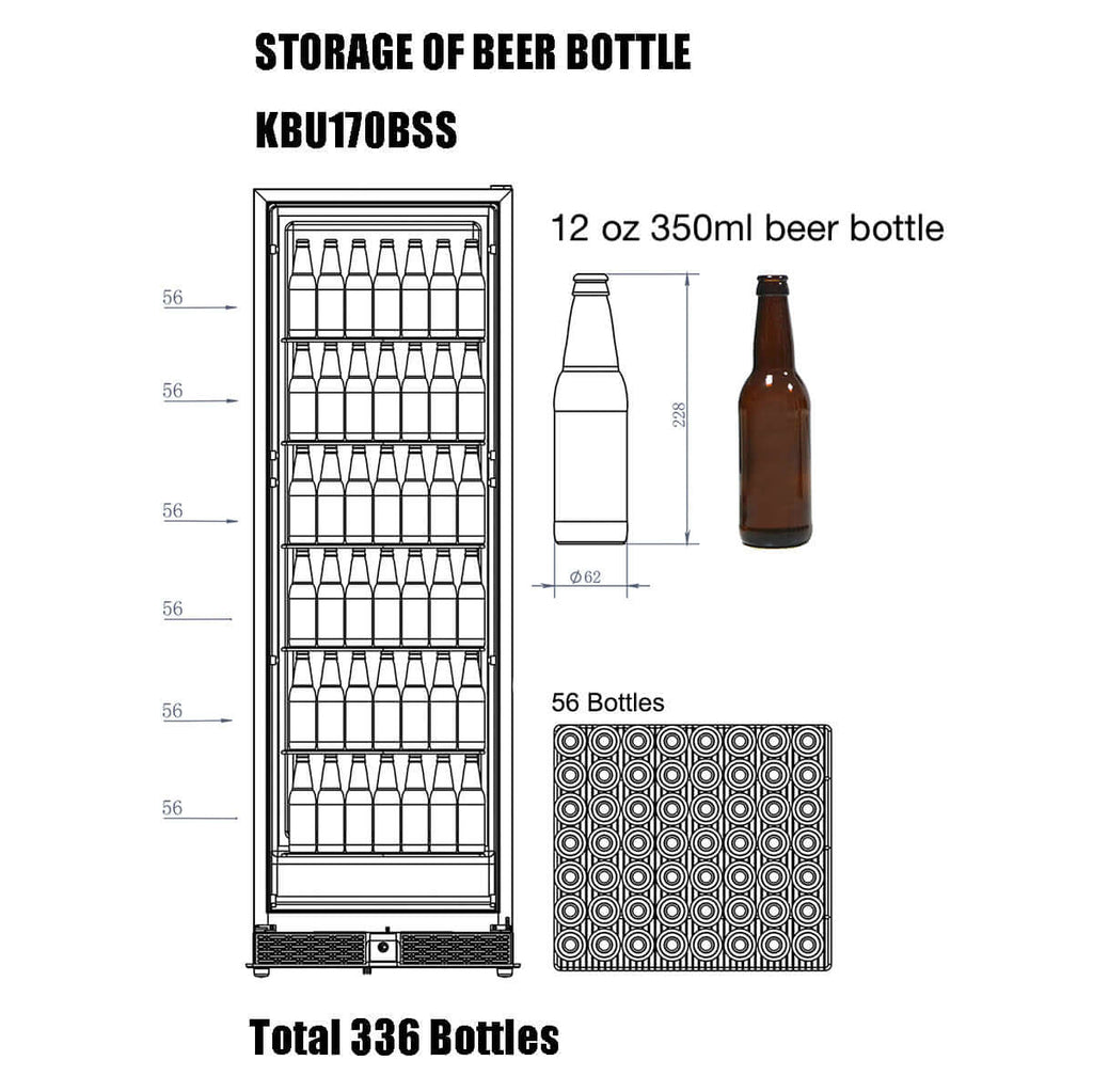 A diagram of a beer bottle and a brown bottle with a white cap displayed in Kings Bottle 72