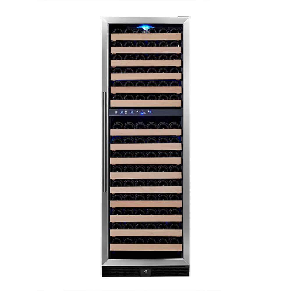 A wine cooler with blue light and wine bottles, Kings Bottle Tall Large Wine Refrigerator Glass Door With Stainless Steel.
