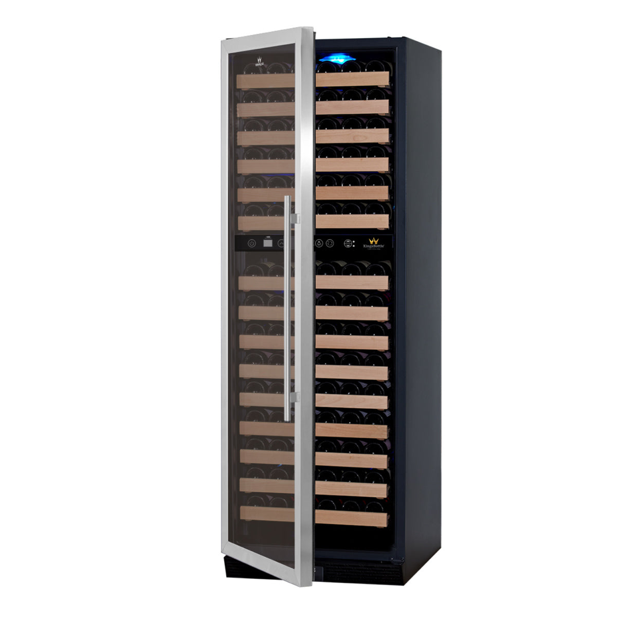 A wine cooler with a glass door and wine bottles inside, offering a generous capacity for storing 164 bottles.