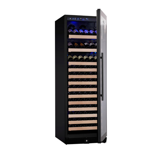 A sleek wine cooler fridge with a door open, holding up to 166 bottles of wine. Perfect for any kitchen, bar, or wine room.