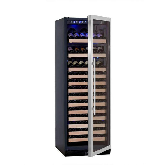 A sleek wine cooler with a glass door, holding up to 166 bottles of wine. Perfect for any kitchen, bar, or wine room.