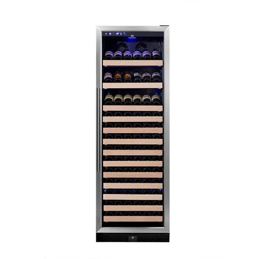 A sleek wine cooler with 166 bottle capacity, stainless steel trim, and display shelves at the top.