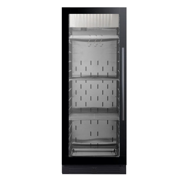 A black refrigerator with shelves, designed for dry-aging steaks. Precise temperature and humidity control for perfect aging. Automatic water-adding feature ensures freshness.