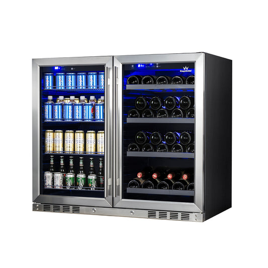 A dual-zone double door beverage center with adjustable temperature range for wine, beverages, or a combination of both. Holds 100 cans and 28 wine bottles. Features UV protection, sleek design, efficient cooling, adjustable shelves, digital display, security lock, front-vented heat dispersion, and interior lighting. Kings Bottle 39" Under Counter Wine & Beer Dual Zone Fridge Combo with Stainless Steel Trim.