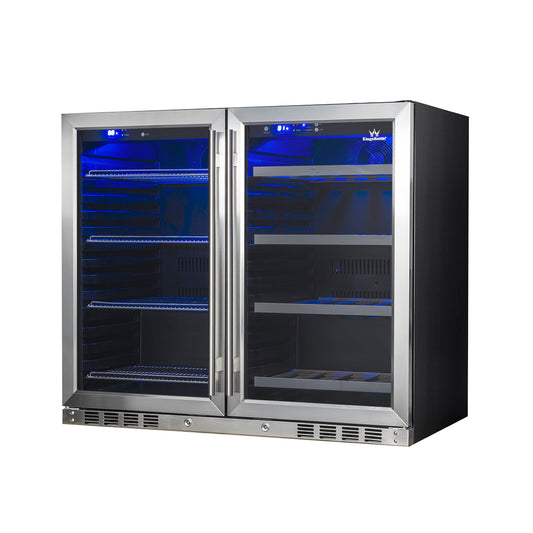 A dual-zone double door refrigerator with adjustable shelves, UV protection, and a sleek stainless steel design.