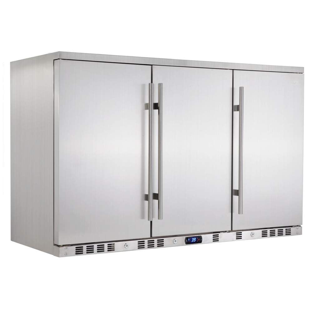 A silver stainless steel outdoor beverage fridge with three doors, perfect for quenching thirst in the yard or on a rooftop patio.