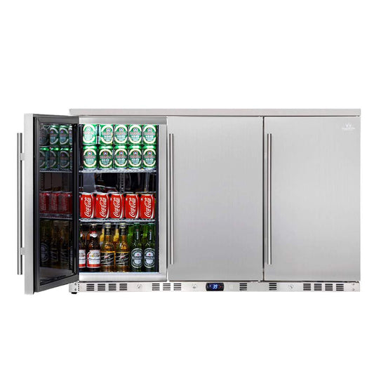 A stainless steel outdoor beverage fridge with 3 doors, capable of holding 190 bottles or 324 cans. Perfect for outdoor gatherings or commercial use.